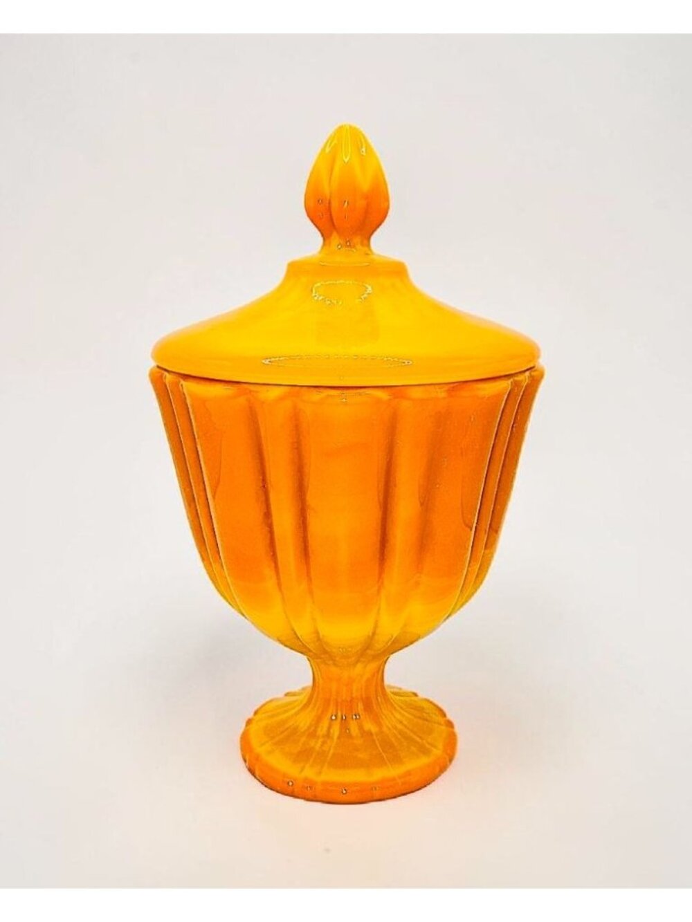 Vintage LE SMITH Bittersweet Orange Covered Pedestal Candy Dish w/Lid Swirled Or